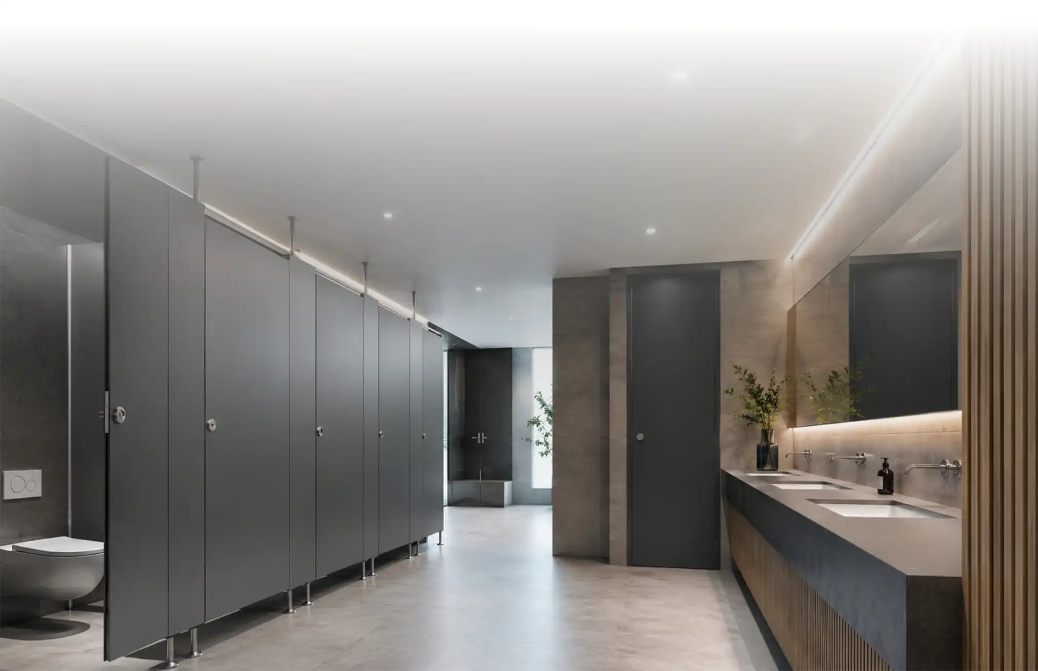 Moderner WC-Bereich mit eleganten Trennwänden und Waschtisch
